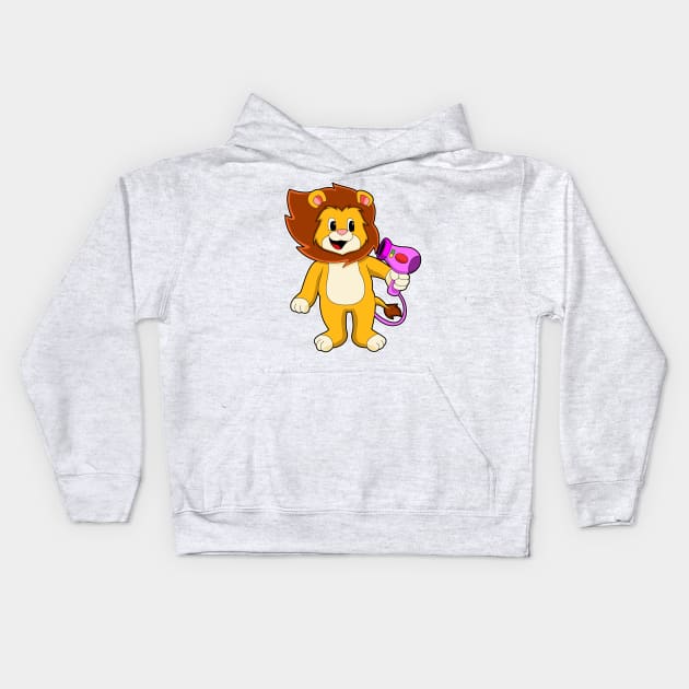 Lion with Hair dryer Kids Hoodie by Markus Schnabel